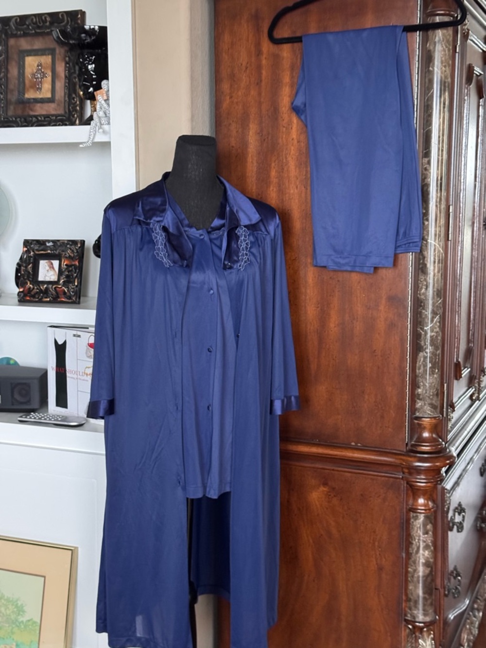 Vanity‎ Fair Navy Satin 3-Piece Robe, Nightgown & Pants Set